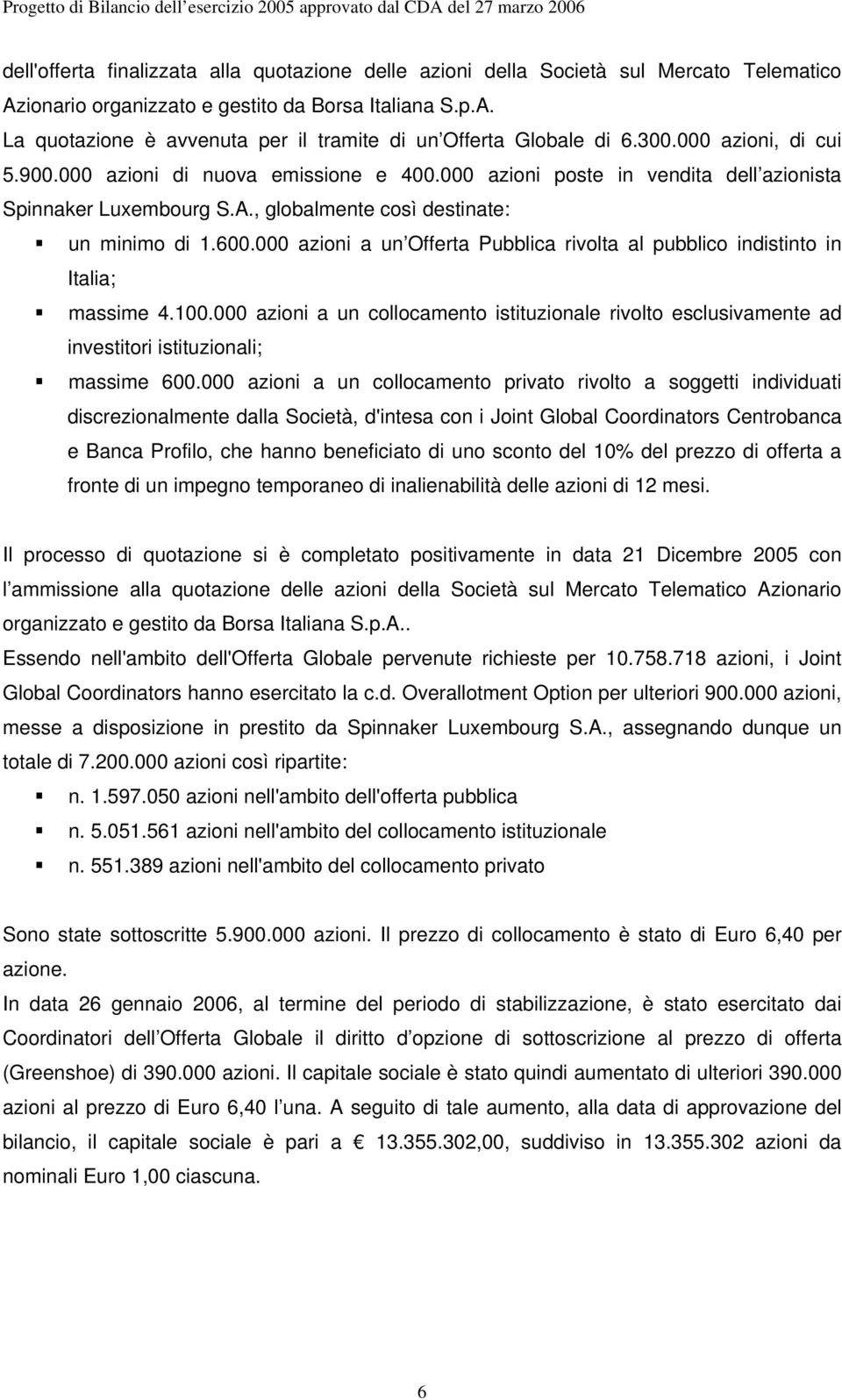 000 azioni a un Offerta Pubblica rivolta al pubblico indistinto in Italia; massime 4.100.000 azioni a un collocamento istituzionale rivolto esclusivamente ad investitori istituzionali; massime 600.