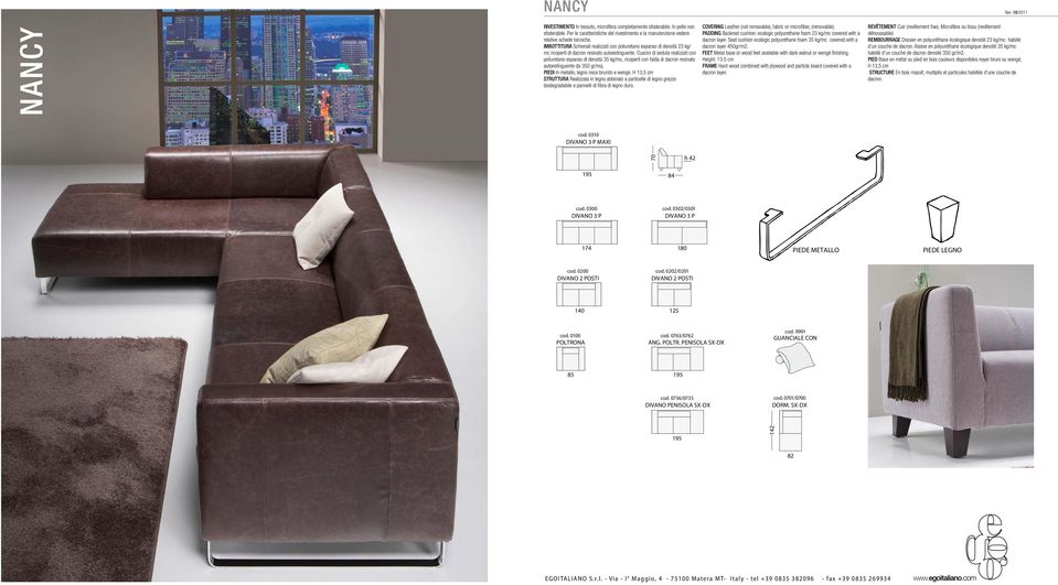 IMBOTTITURA Schienali realizzati con poliuretano espanso di densità 23 kg/ mc ricoperti di dacron resinato autoestinguente.