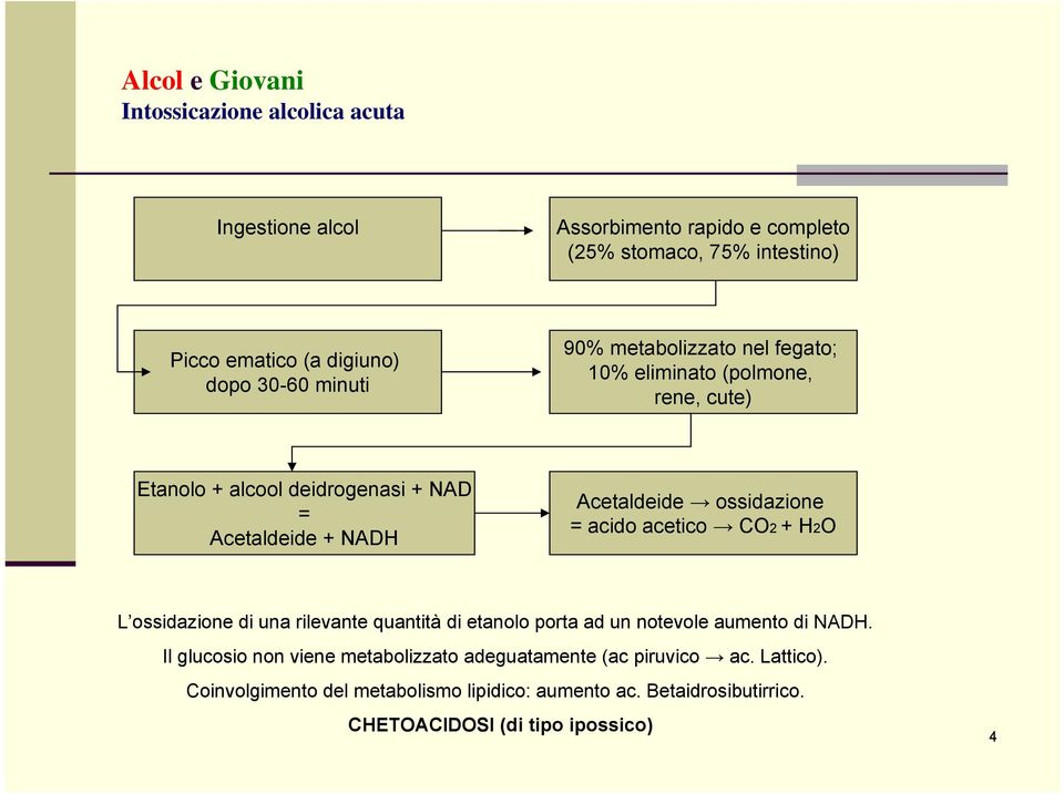 ossidazione = acido acetico CO2 + H2O L ossidazione di una rilevante quantità di etanolo porta ad un notevole aumento di NADH.