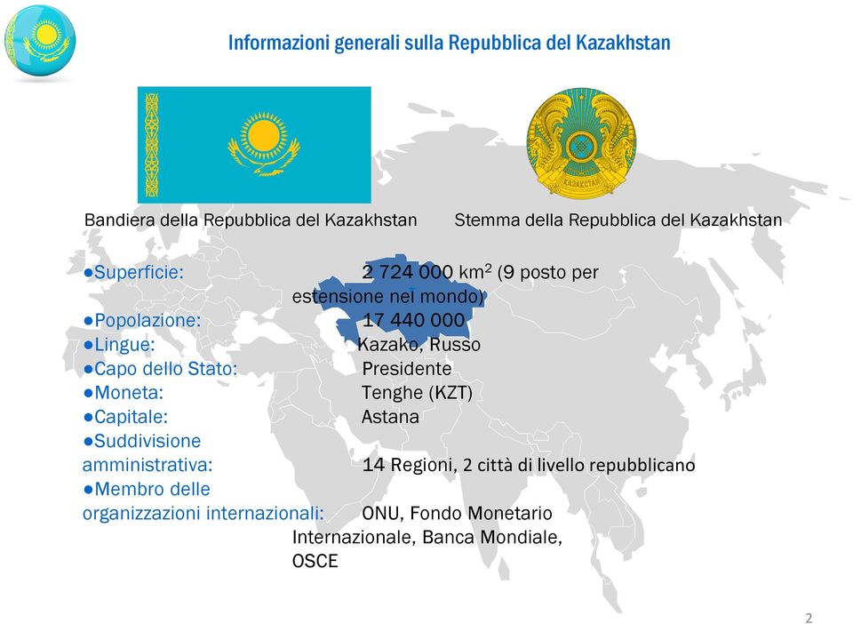 Russo Capo dello Stato: Presidente Moneta: Tenghe (KZT) Capitale: Astana Suddivisione amministrativa: 14 Regioni, 2 città