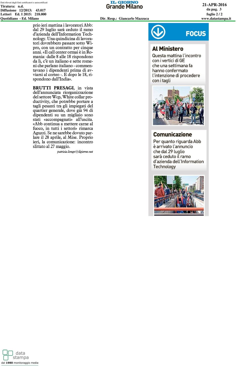 I 2015: 218.000 Quotidiano - Ed. Milano Dir. Resp.