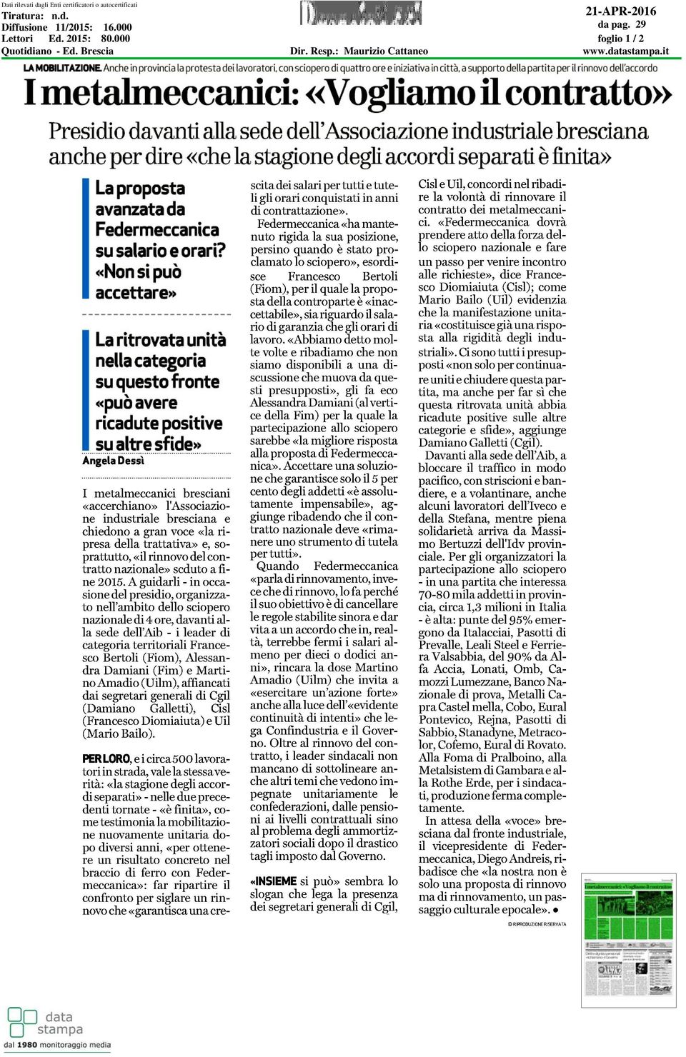 2015: 80.000 Quotidiano - Ed. Brescia Dir. Resp.