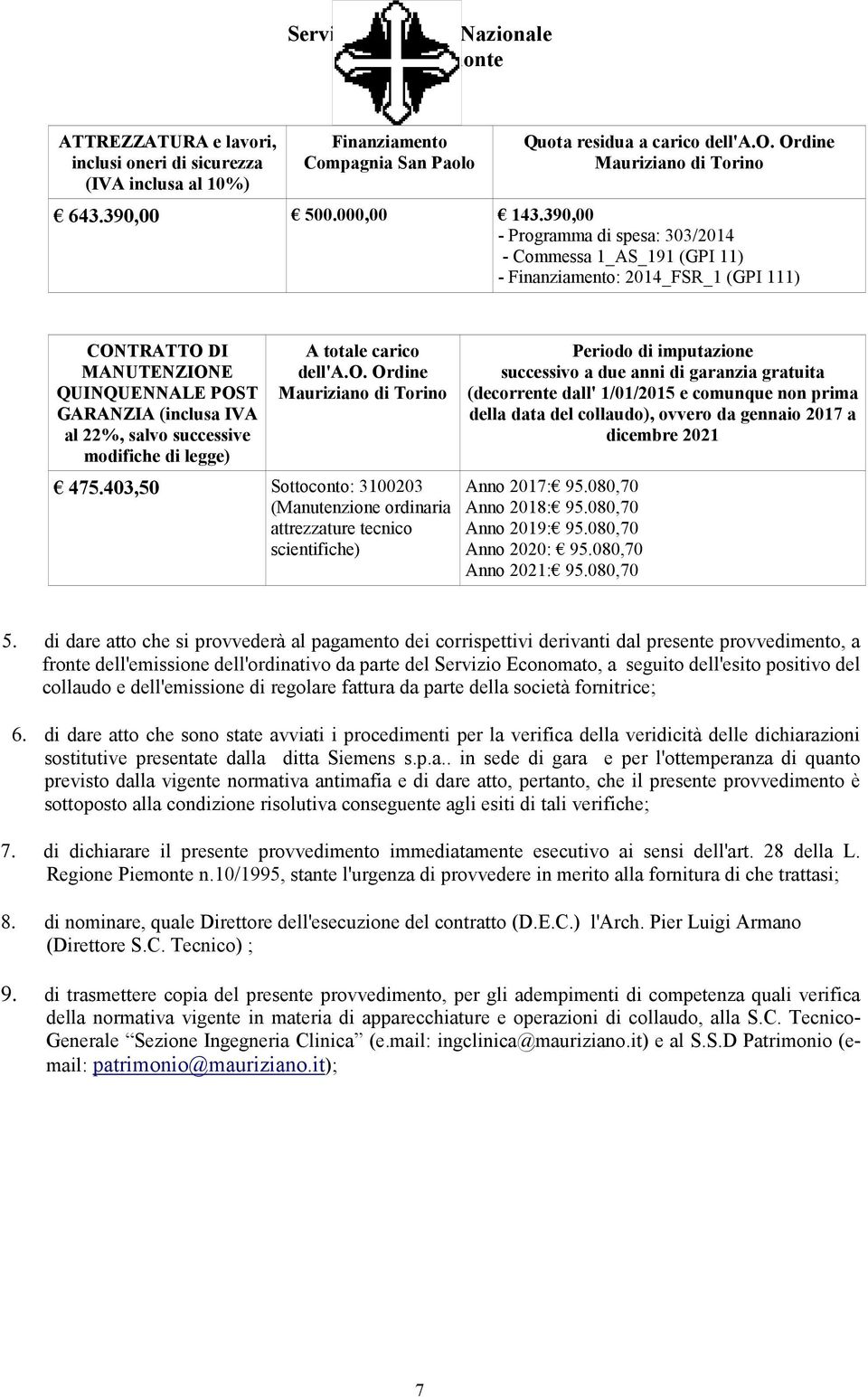 modifiche di legge) A totale carico dell'a.o. Ordine Mauriziano di Torino 475.