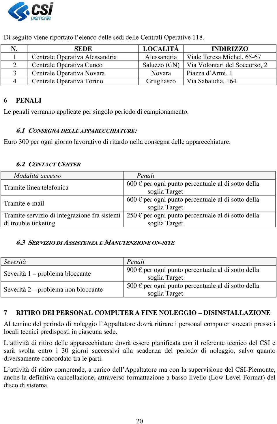 Novara Piazza d Armi, 1 4 Centrale Operativa Torino Grugliasco Via Sabaudia, 164 6 