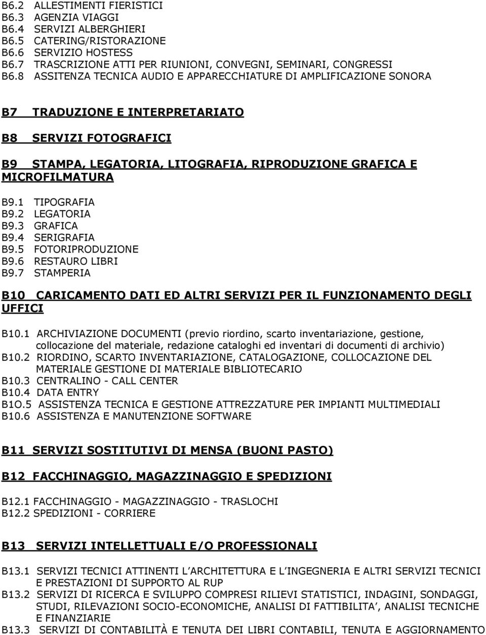 1 TIPOGRAFIA B9.2 LEGATORIA B9.3 GRAFICA B9.4 SERIGRAFIA B9.5 FOTORIPRODUZIONE B9.6 RESTAURO LIBRI B9.7 STAMPERIA B10 CARICAMENTO DATI ED ALTRI SERVIZI PER IL FUNZIONAMENTO DEGLI UFFICI B10.