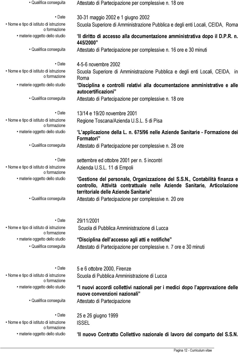 445/2000  16 ore e 30 minuti Date 4-5-6 novembre 2002 Scuola Superiore di Amministrazione Pubblica e degli enti Locali, CEIDA, in Roma Disciplina e controlli relativi alla documentazione
