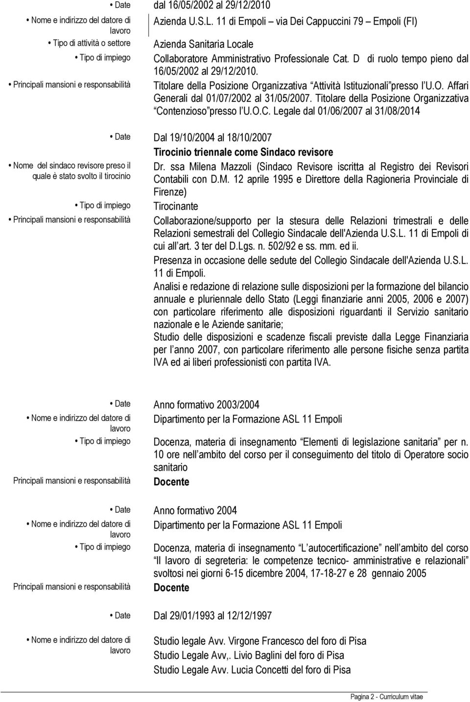 11 di Empoli via Dei Cappuccini 79 Empoli (FI) Azienda Sanitaria Locale Collaboratore Amministrativo Professionale Cat. D di ruolo tempo pieno dal 16/05/2002 al 29/12/2010.