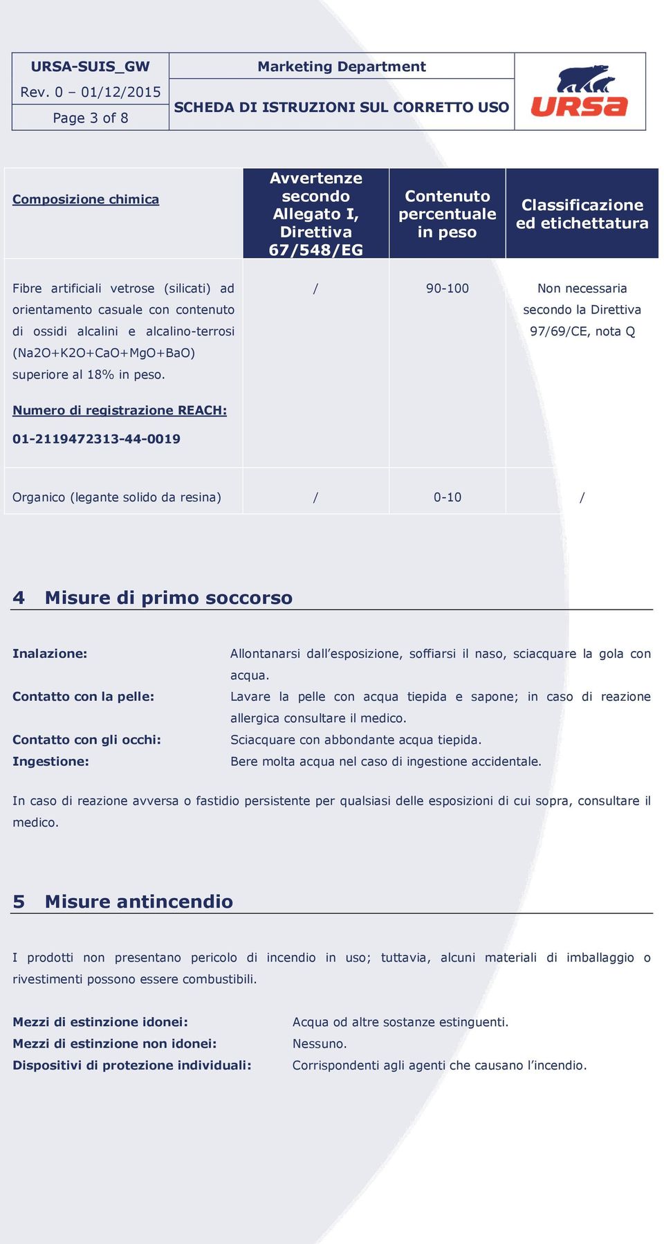 / 90-100 Non necessaria secondo la Direttiva 97/69/CE, nota Q Numero di registrazione REACH: 01-2119472313-44-0019 Organico (legante solido da resina) / 0-10 / 4 Misure di primo soccorso Inalazione: