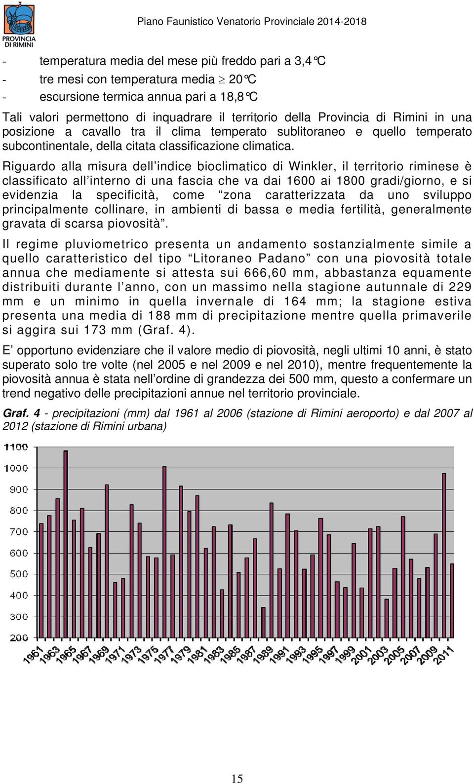 Riguardo alla misura dell indice bioclimatico di Winkler, il territorio riminese è classificato all interno di una fascia che va dai 1600 ai 1800 gradi/giorno, e si evidenzia la specificità, come