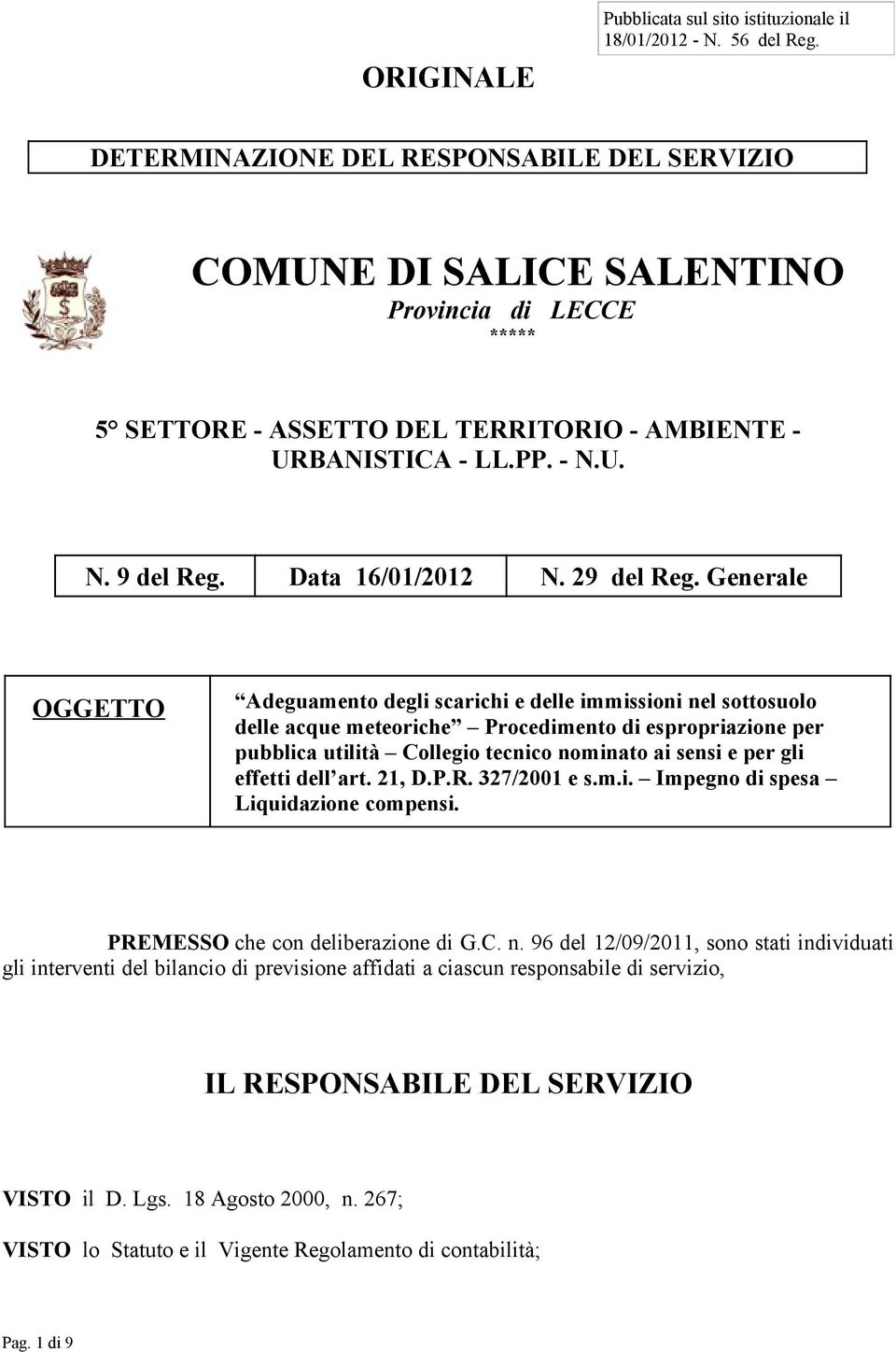 Data 16/01/2012 N. 29 del Reg.