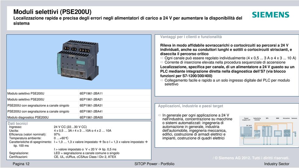 97% Temperatura ambiente: 0 +60 C Caratteristiche di spegnimento: I = 1,0 1,3 x valore impostato 5s o I = 1,3 x valore impostato tip. 100 ms I > valore impostato o V < 20 V tip.