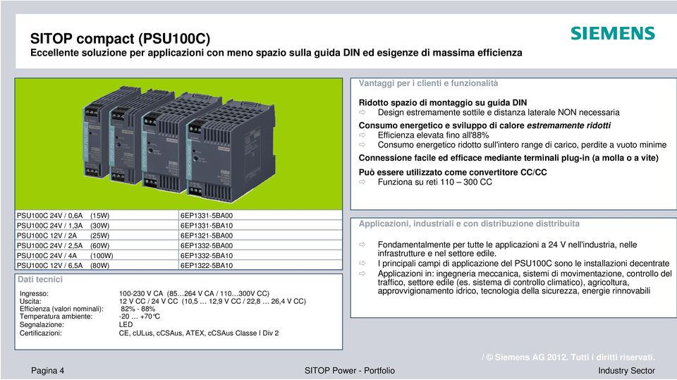 minime Connessione facile ed efficace mediante terminali plug-in (a molla o a vite) Può essere utilizzato come convertitore CC/CC Funziona su reti 110 300 CC PSU100C 24V / 0,6A (15W) 6EP1331-5BA00