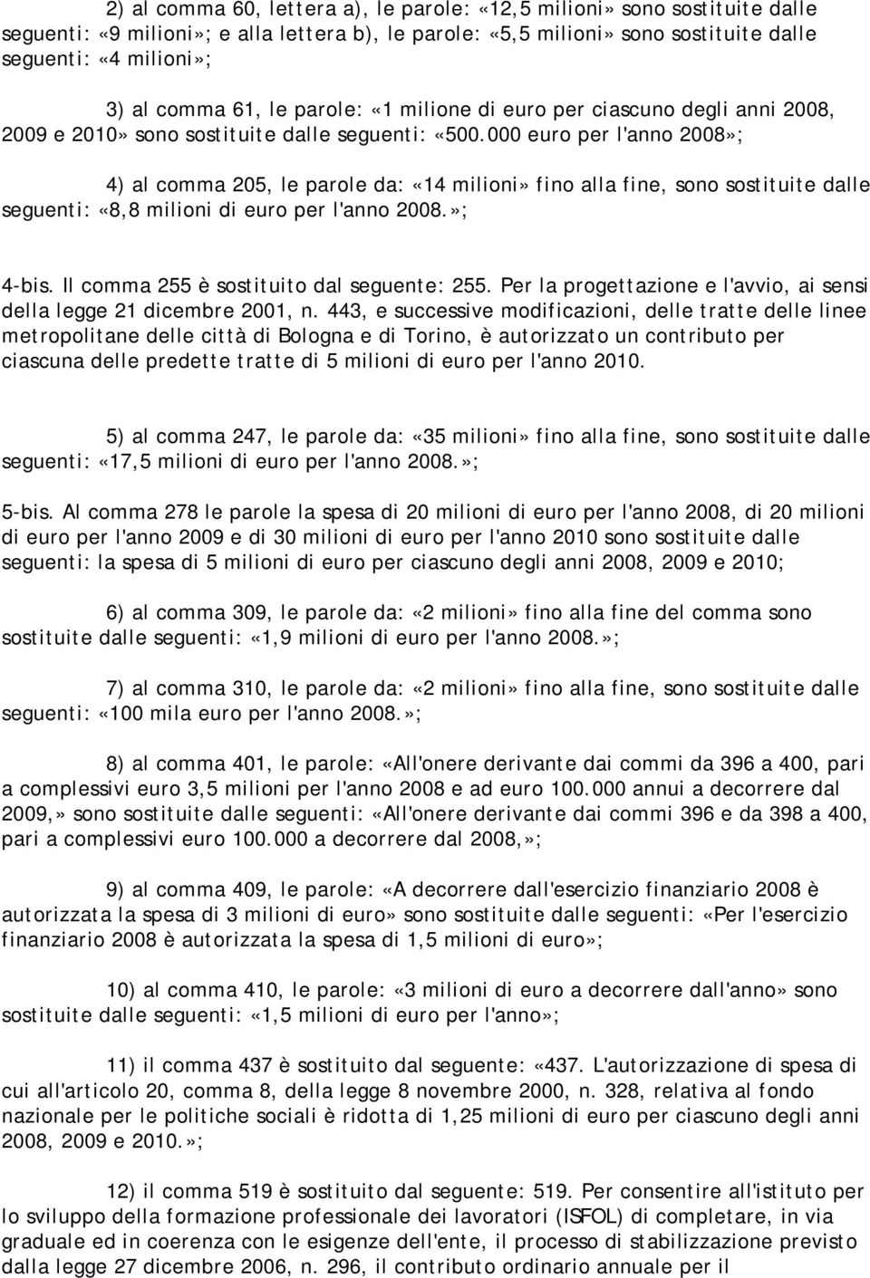 000 euro per l'anno 2008»; 4) al comma 205, le parole da: «14 milioni» fino alla fine, sono sostituite dalle seguenti: «8,8 milioni di euro per l'anno 2008.»; 4-bis.