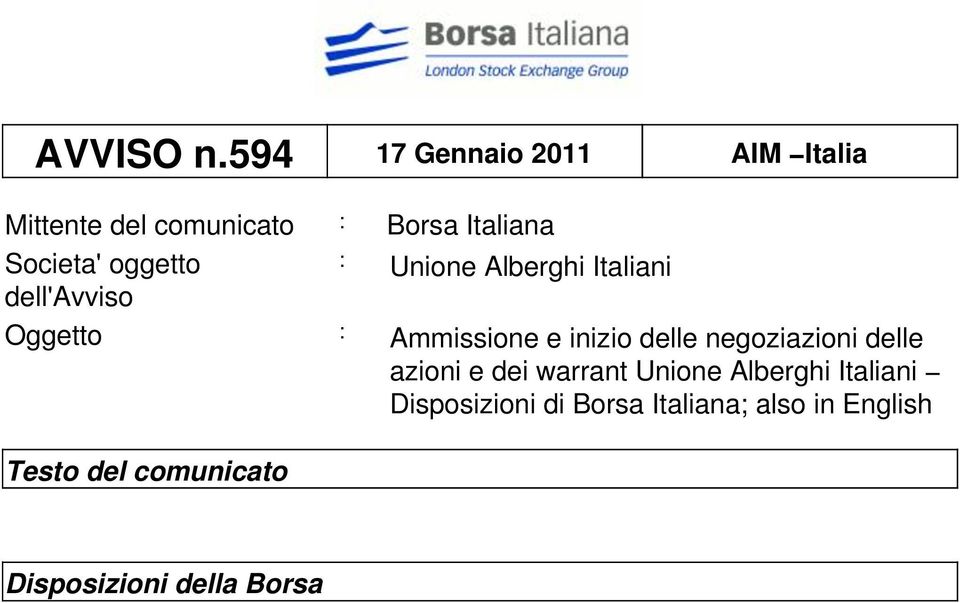 oggetto : Unione Alberghi Italiani dell'avviso Oggetto : Ammissione e inizio delle