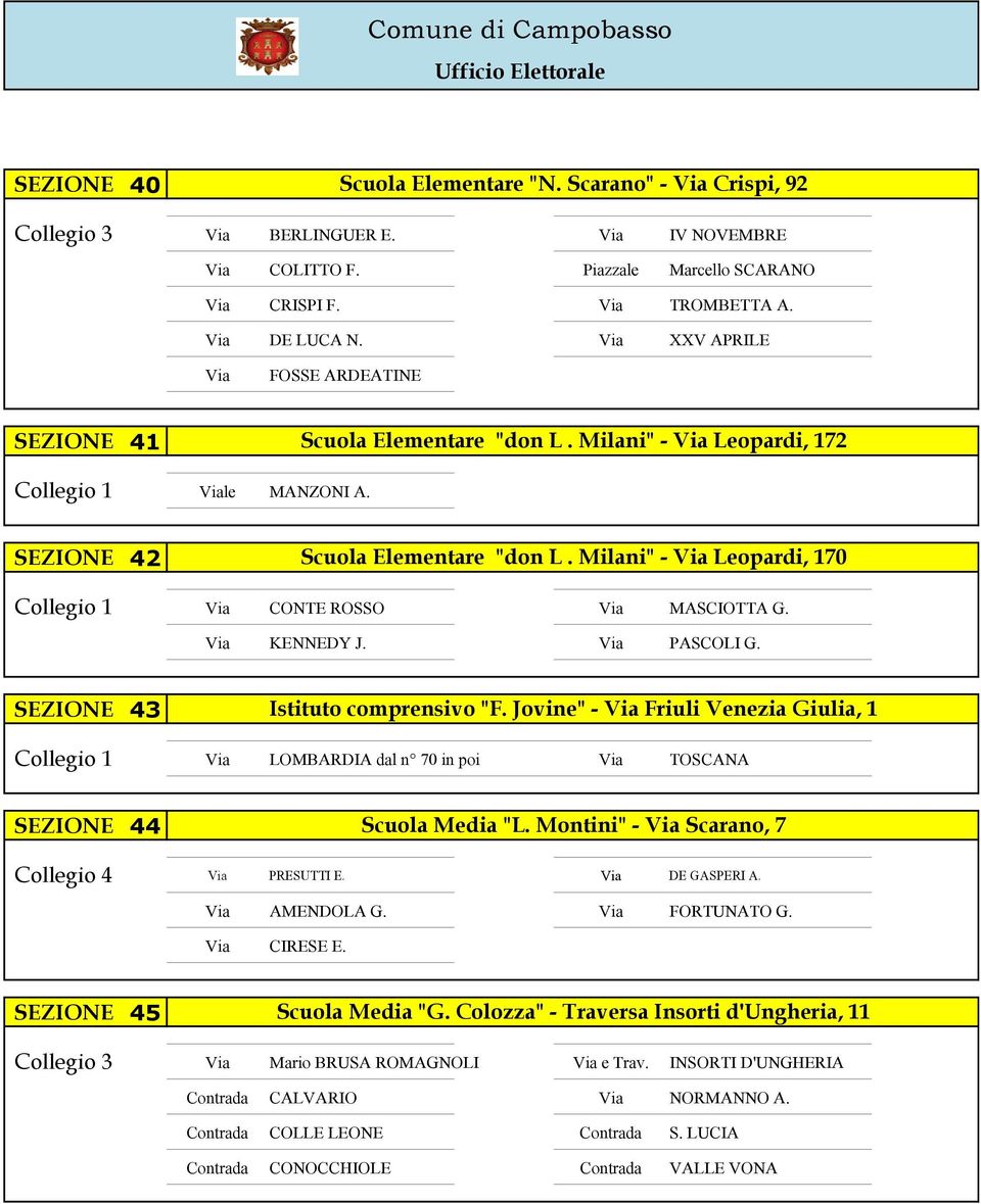 Milani" - Via Leopardi, 170 Collegio 1 Via CONTE ROSSO Via MASCIOTTA G. Via KENNEDY J. Via PASCOLI G. SEZIONE 43 Istituto comprensivo "F.