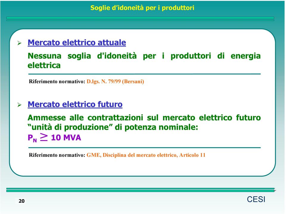 79/99 (Bersani) Mercato elettrico futuro Ammesse alle contrattazioni sul mercato elettrico