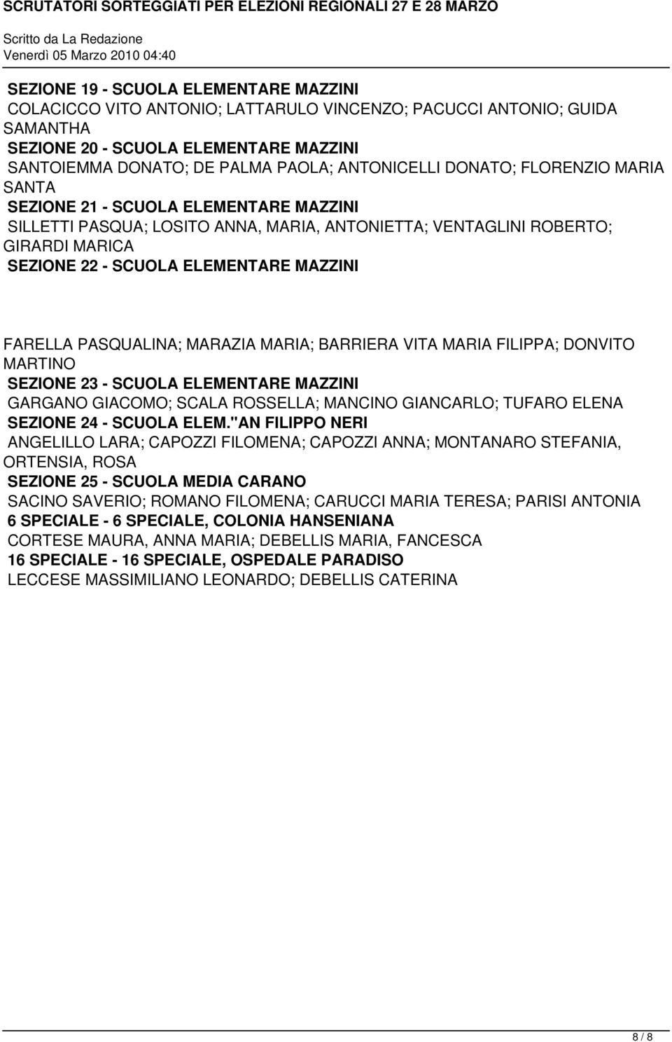 MAZZINI FARELLA PASQUALINA; MARAZIA MARIA; BARRIERA VITA MARIA FILIPPA; DONVITO MARTINO SEZIONE 23 - SCUOLA ELEMENTARE MAZZINI GARGANO GIACOMO; SCALA ROSSELLA; MANCINO GIANCARLO; TUFARO ELENA SEZIONE