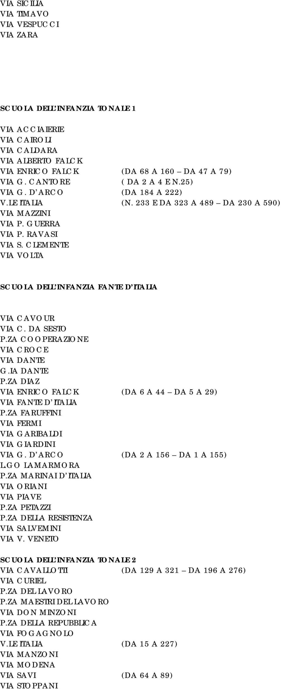 CLEMENTE VIA VOLTA SCUOLA DELL INFANZIA FANTE D ITALIA VIA CAVOUR VIA C. DA SESTO P.ZA COOPERAZIONE VIA CROCE VIA DANTE G.IA DANTE P.