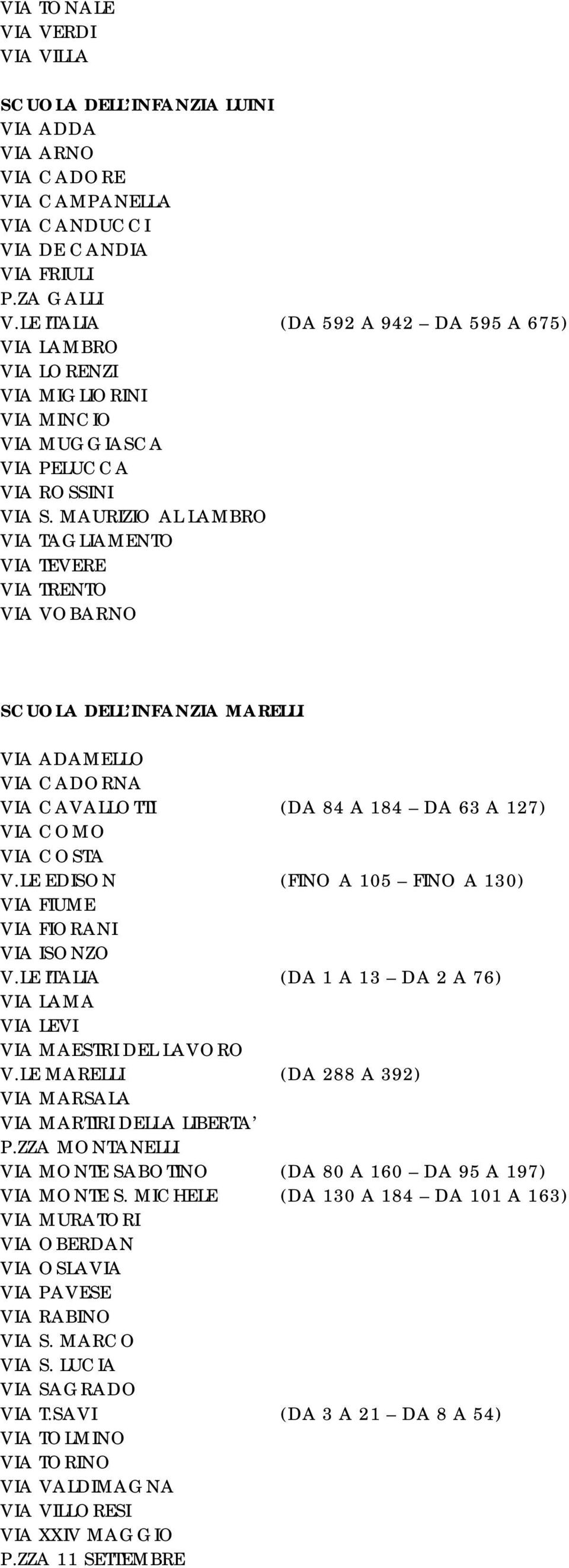 MAURIZIO AL LAMBRO VIA TAGLIAMENTO VIA TEVERE VIA TRENTO VIA VOBARNO SCUOLA DELL INFANZIA MARELLI VIA ADAMELLO VIA CADORNA VIA CAVALLOTTI (DA 84 A 184 DA 63 A 127) VIA COMO VIA COSTA V.