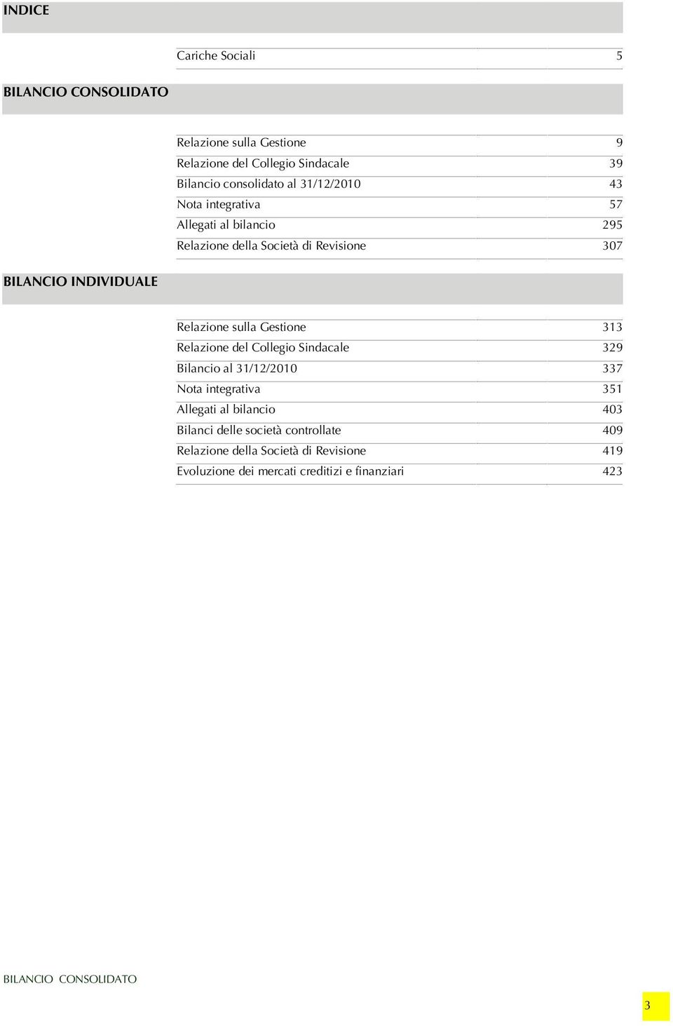 sulla Gestione 313 Relazione del Collegio Sindacale 329 Bilancio al 31/12/2010 337 Nota integrativa 351 Allegati al bilancio 403