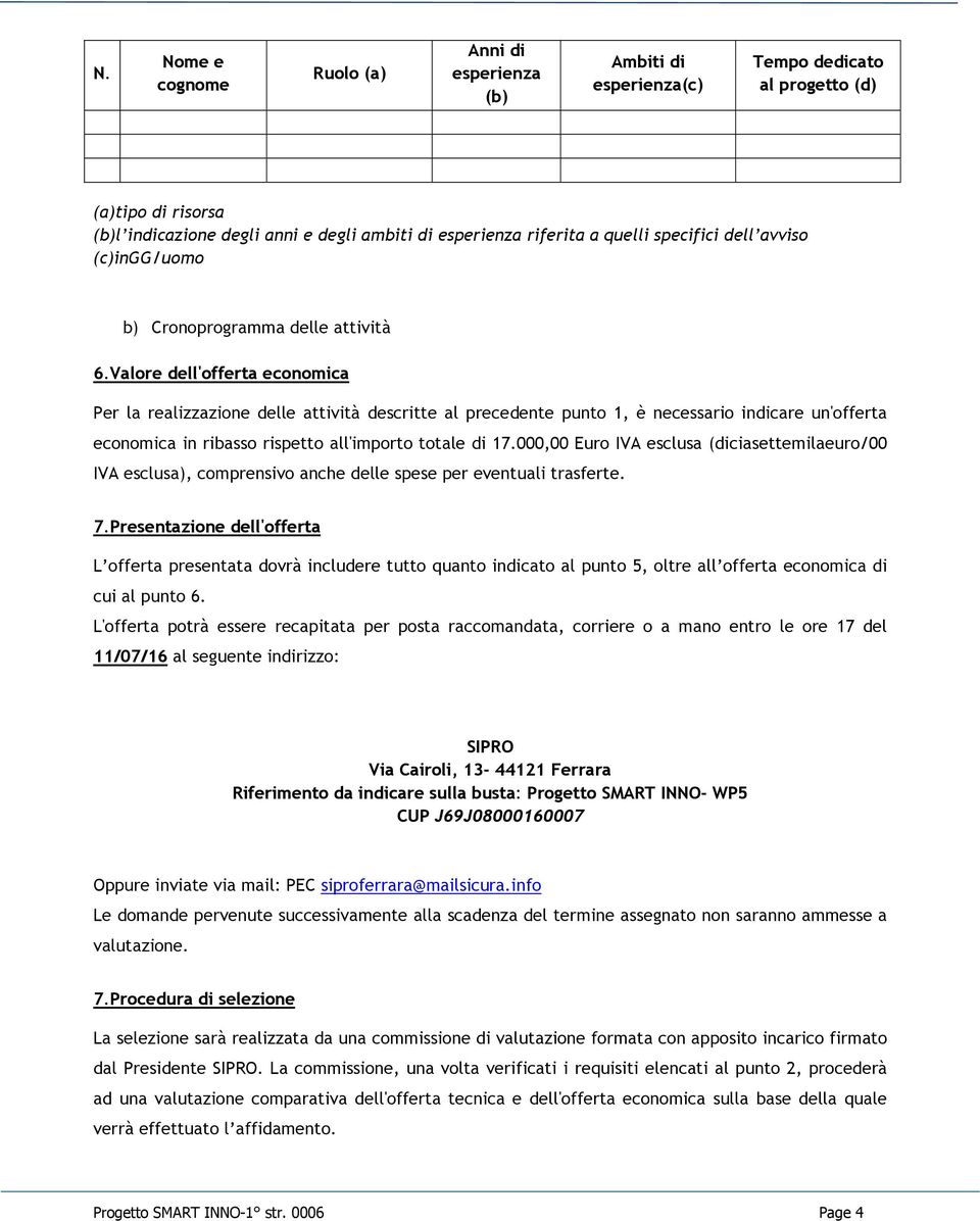 Valore dell'offerta economica Per la realizzazione delle attività descritte al precedente punto 1, è necessario indicare un'offerta economica in ribasso rispetto all'importo totale di 17.