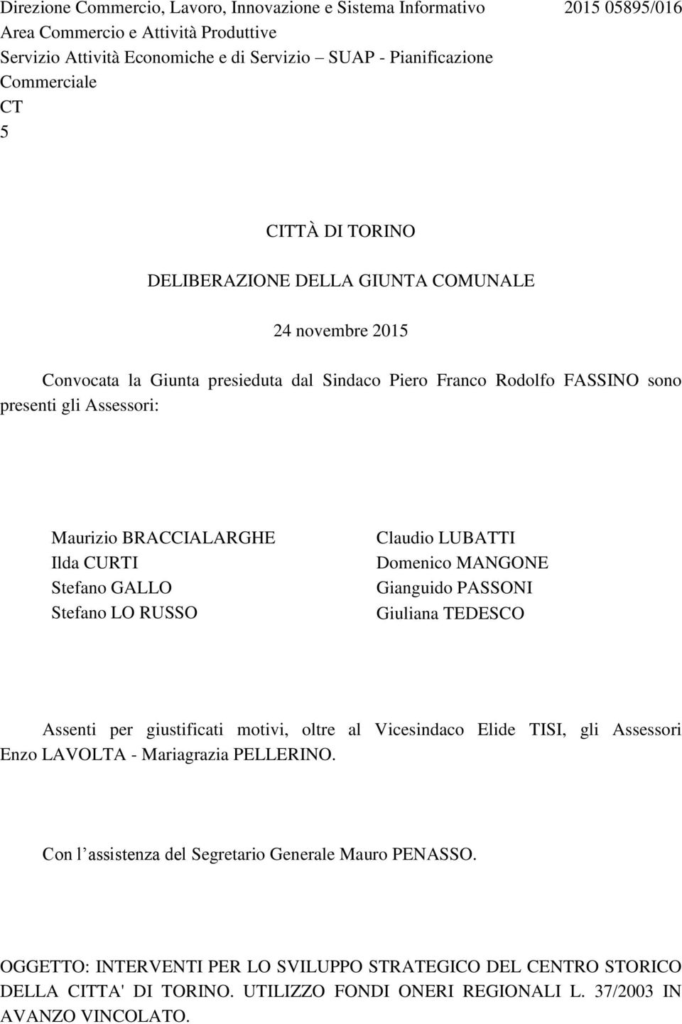 CURTI Stefano GALLO Stefano LO RUSSO Claudio LUBATTI Domenico MANGONE Gianguido PASSONI Giuliana TEDESCO Assenti per giustificati motivi, oltre al Vicesindaco Elide TISI, gli Assessori Enzo LAVOLTA -