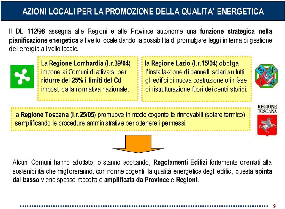 la Regione Lazio (l.r.15/04) obbliga l installa-zione di pannelli solari su tutti gli edifici di nuova costruzione o in fase di ristrutturazione fuori dei centri storici. la Regione Toscana (l.r.25/05) promuove in modo cogente le rinnovabili (solare termico) semplificando le procedure amministrative per ottenere i permessi.