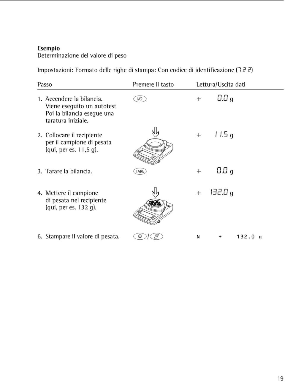 0 g Viene eseguito un autotest Poi la bilancia esegue una taratura iniziale. 2. Collocare il recipiente + 11.