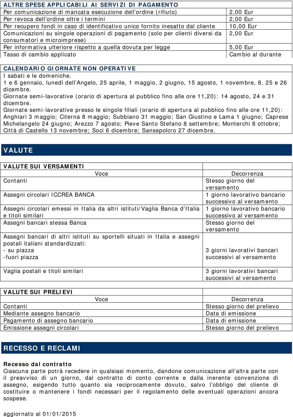 Tasso di cambio applicato 2,00 Eur 2,00 Eur 1 2,00 Eur 5,00 Eur Cambio al durante CALENDARIO GIORNATE NON OPERATIVE I sabati e le domeniche.