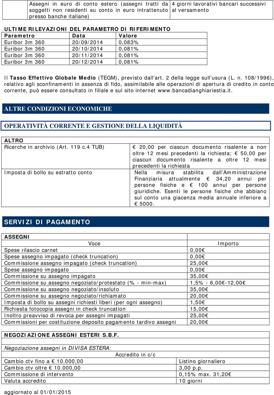 Effettivo Globale Medio (TEGM), previsto dall art. 2 della legge sull usura (L. n.