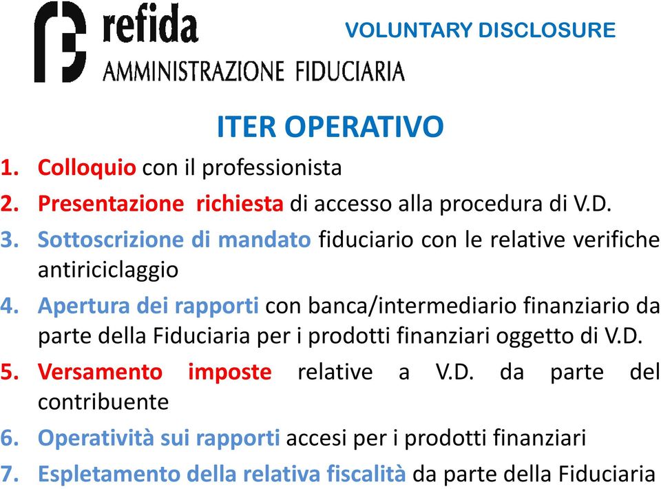 Apertura dei rapporti con banca/intermediario finanziario da parte della Fiduciaria per i prodotti finanziari oggetto di V.D. 5.