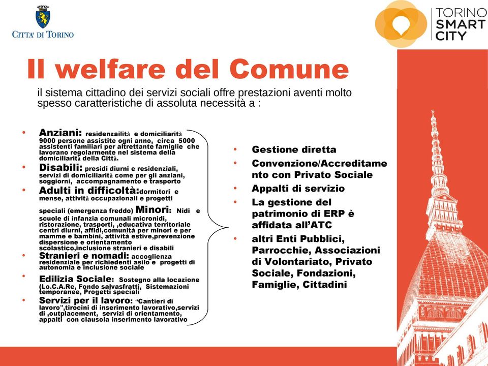 Disabili: presidi diurni e residenziali, servizi di domiciliarità come per gli anziani, soggiorni, accompagnamento e trasporto Adulti in difficoltà:dormitori e mense, attività occupazionali e