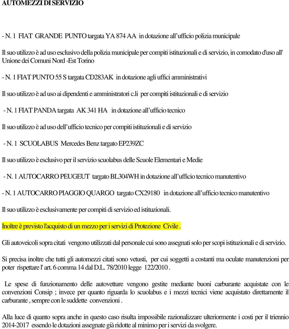 d'uso all' Unione dei Comuni Nord -Est Torino - N. 1 FIAT PUNTO 55 S targata CD283AK in dotazione agli uffici amministrativi Il suo utilizzo è ad uso ai dipendenti e amministratori c.