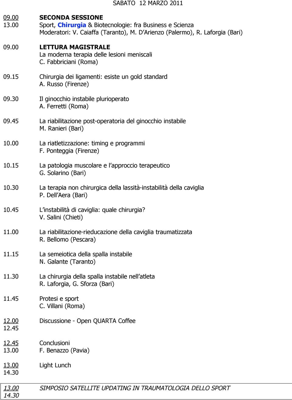 30 Il ginocchio instabile plurioperato A. Ferretti (Roma) 09.45 La riabilitazione post-operatoria del ginocchio instabile M. Ranieri (Bari) 10.00 La riatletizzazione: timing e programmi F.