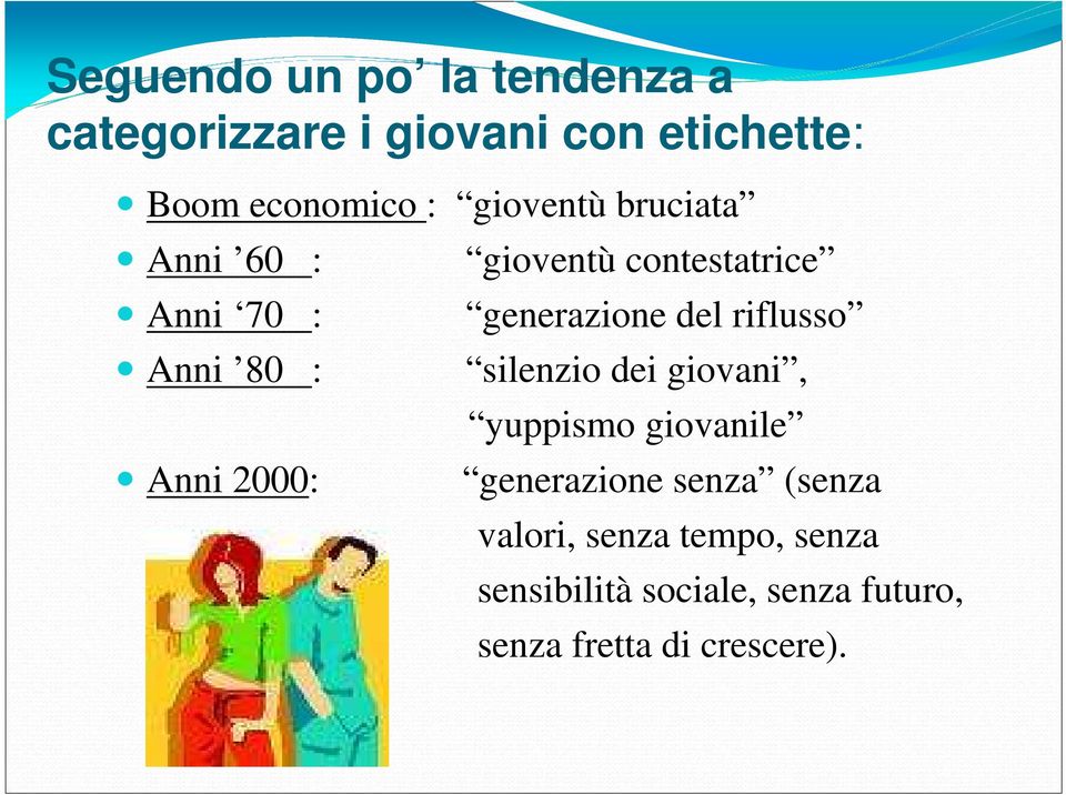 Anni 80 : silenzio dei giovani, yuppismo giovanile Anni 2000: generazione senza (senza