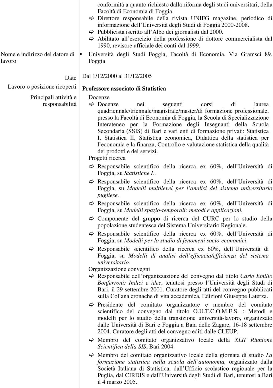 Abilitato all esercizio della professione di dottore commercialista dal 1990, revisore ufficiale dei conti dal 1999. Università degli Studi Foggia, Facoltà di Economia, Via Gramsci 89.