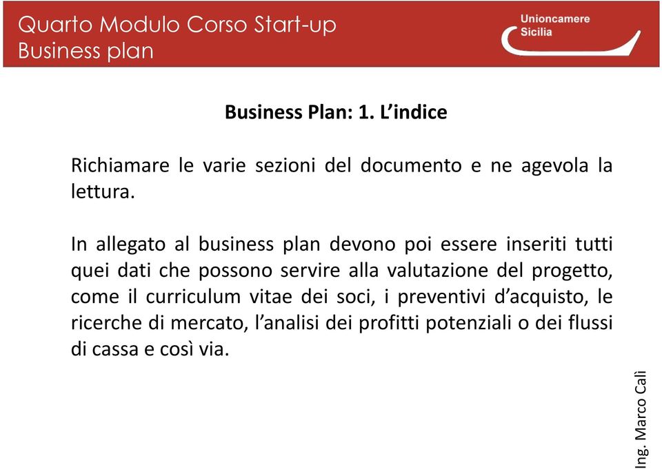 In allegato al business plan devono poi essere inseriti tutti quei dati che possono servire