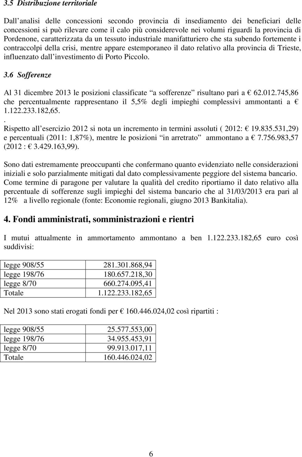 Trieste, influenzato dall investimento di Porto Piccolo. 3.6 Sofferenze Al 31 dicembre 2013 le posizioni classificate a sofferenze risultano pari a 62.012.