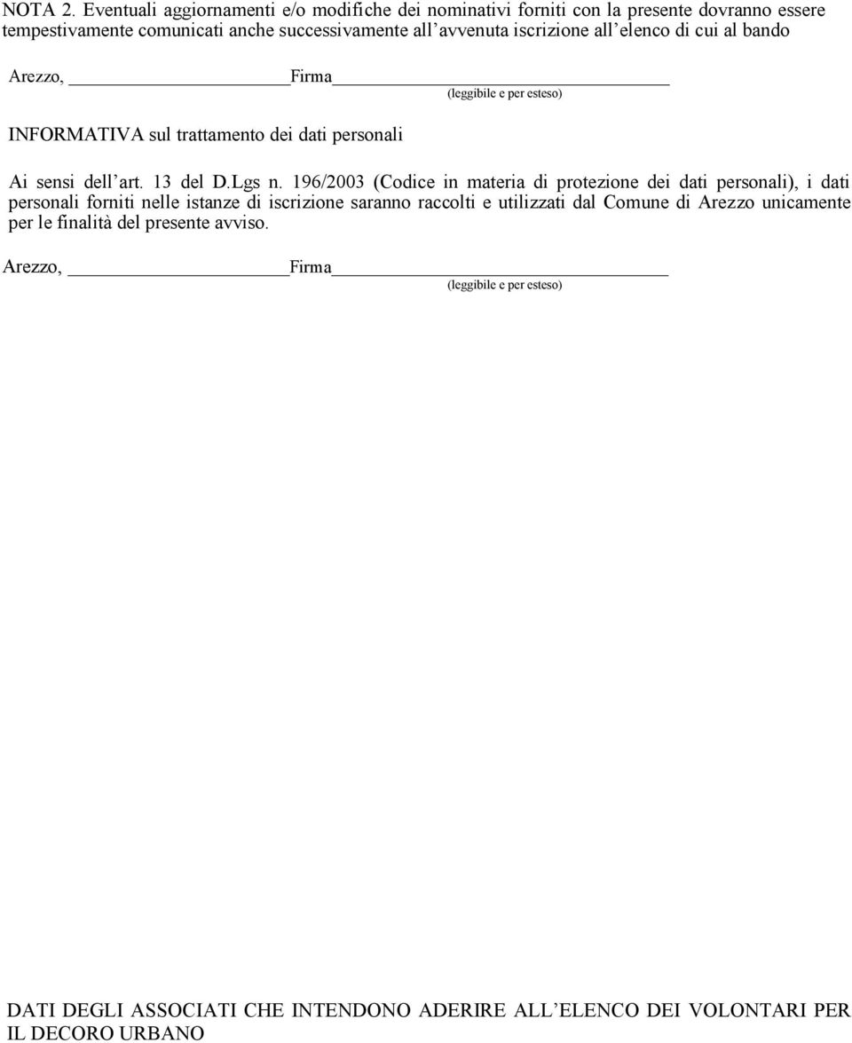 all elenco di cui al bando Arezzo, Firma (leggibile e per esteso) INFORMATIVA sul trattamento dei dati personali Ai sensi dell art. 13 del D.Lgs n.