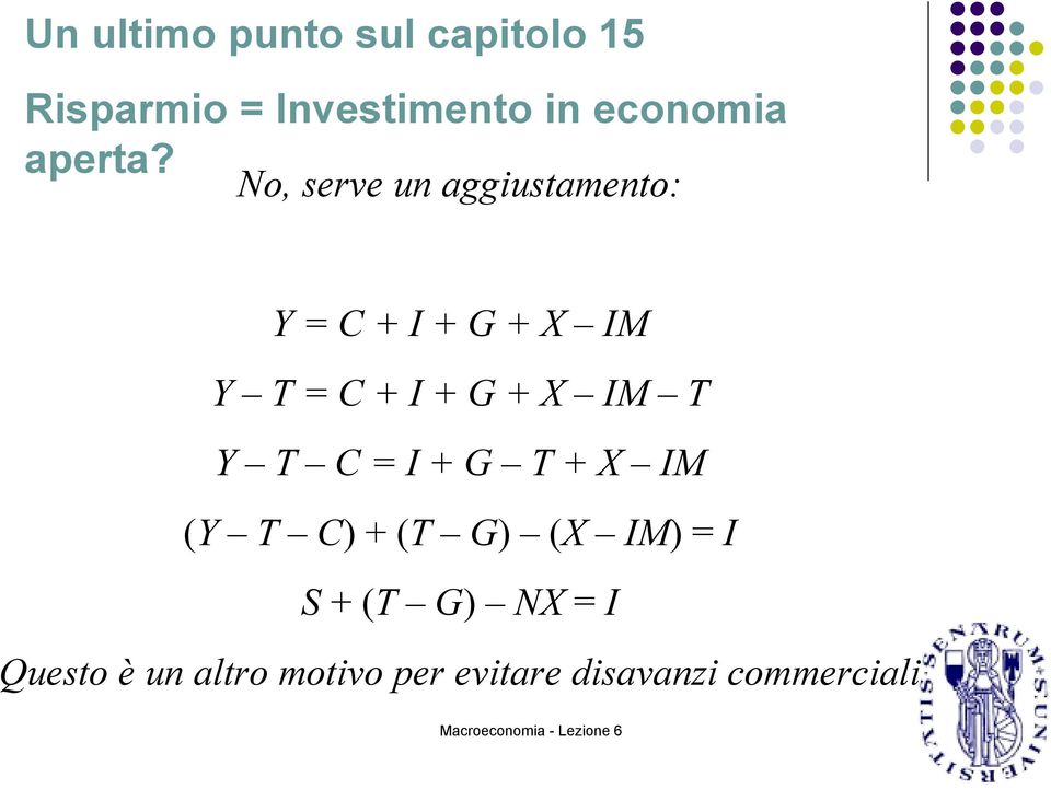 o, serve un aggiustamento: Y C + I + G + X IM Y T C + I + G + X