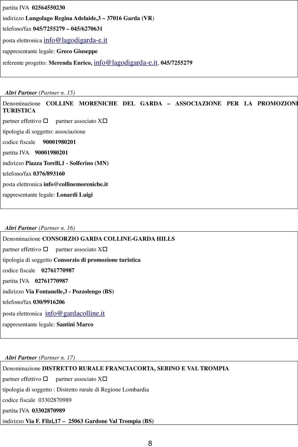 15) Denminazine COLLINE MORENICHE DEL GARDA ASSOCIAZIONE PER LA PROMOZIONE TURISTICA partner effettiv partner assciat X tiplgia di sggett: assciazine cdice fiscale 90001980201 partita IVA 90001980201