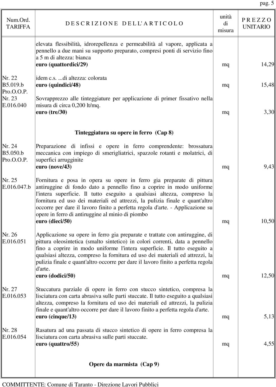 euro (tre/30) mq 3,30 Tinteggiatura su opere in ferro (Cap 8) Nr. 24 B5.050.b Pro.O.O.P. Nr. 25 E.016.