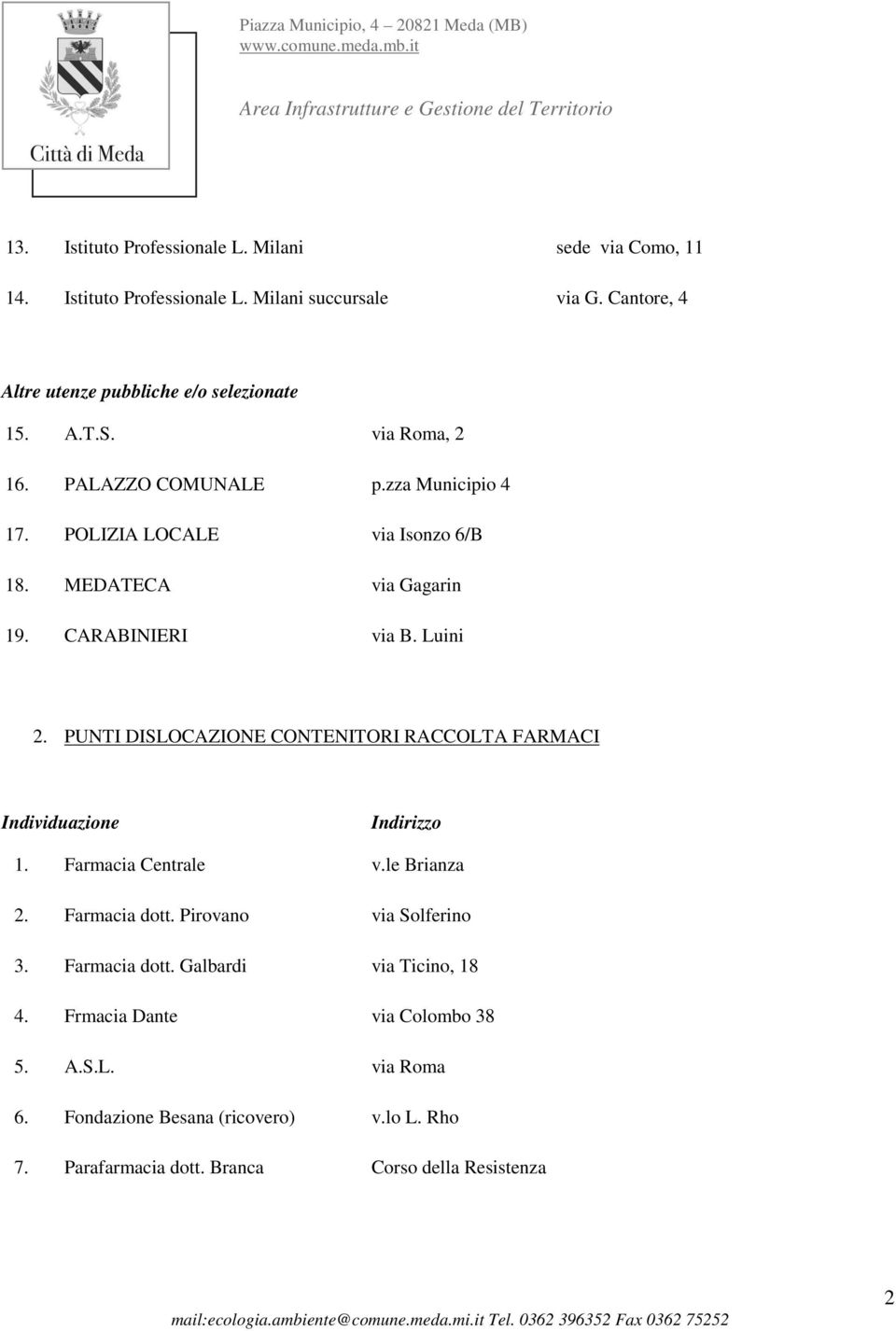 PUNTI DISLOCAZIONE CONTENITORI RACCOLTA FARMACI Individuazione Indirizzo 1. Farmacia Centrale v.le Brianza 2. Farmacia dott. Pirovano via Solferino 3.