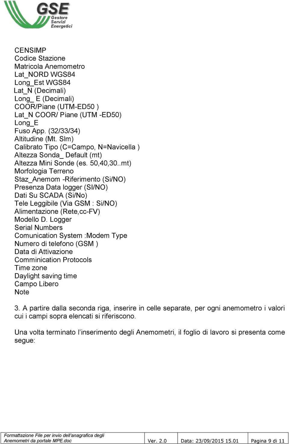 .mt) Morfologia Terreno Staz_Anemom -Riferimento (Si/NO) Presenza Data logger (SI/NO) Dati Su SCADA (Si/) Tele Leggibile (Via GSM : Si/NO) Alimentazione (Rete,cc-FV) Modello D.