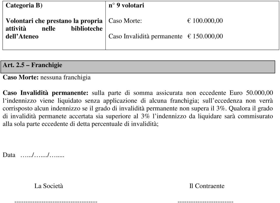 000,00 l indennizzo viene liquidato senza applicazione di alcuna franchigia; sull eccedenza non verrà corrisposto alcun indennizzo se il grado di invalidità permanente non supera il 3%.