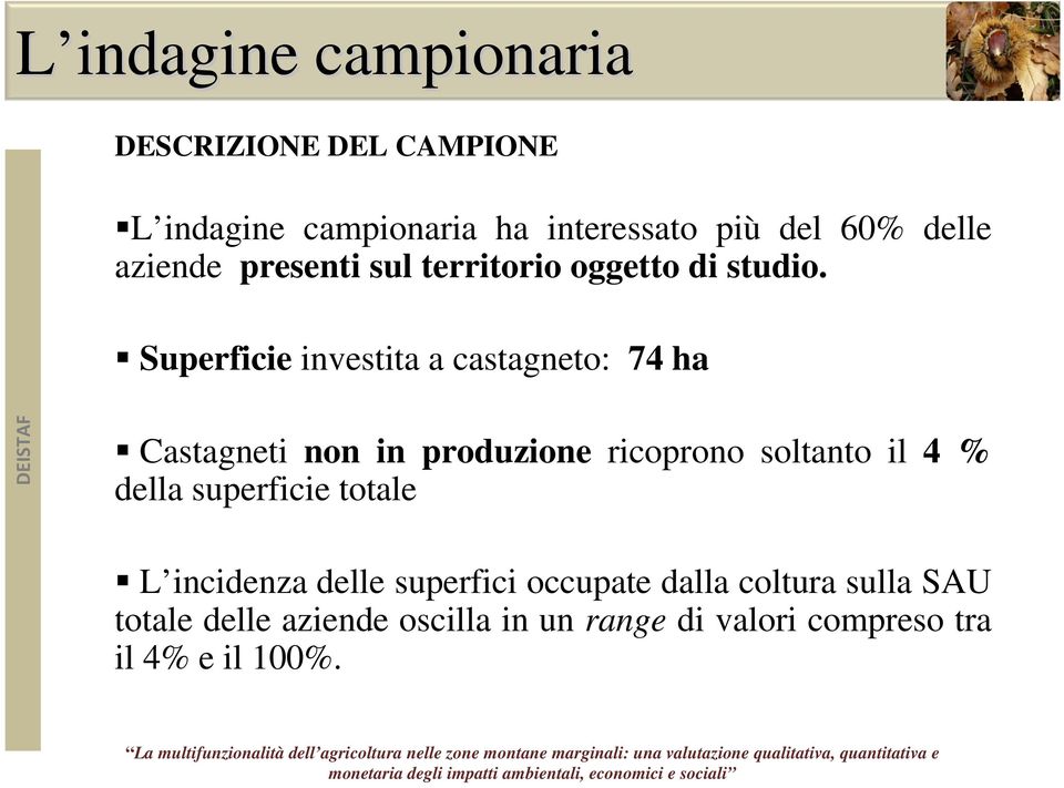 Superficie investita a castagneto: 74 ha Castagneti non in produzione ricoprono soltanto il 4 % della