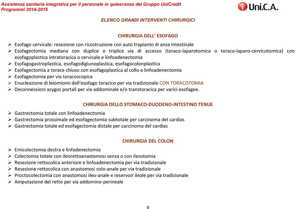 linfoadenectomia Esofagogastroplastica, esofagodigiunoplastica, esofagocolonplastica Esofagectomia a torace chiuso con esofagoplastica al collo e linfoadenectomia Esofagectomia per via toracoscopica