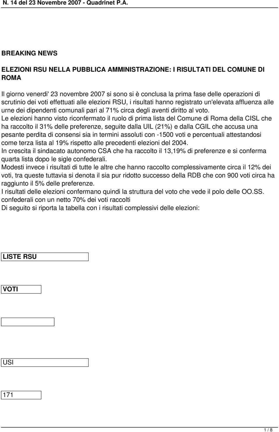 Le elezioni hanno visto riconfermato il ruolo di prima lista del Comune di Roma della CISL che ha raccolto il 31% delle preferenze, seguite dalla UIL (21%) e dalla CGIL che accusa una pesante perdita