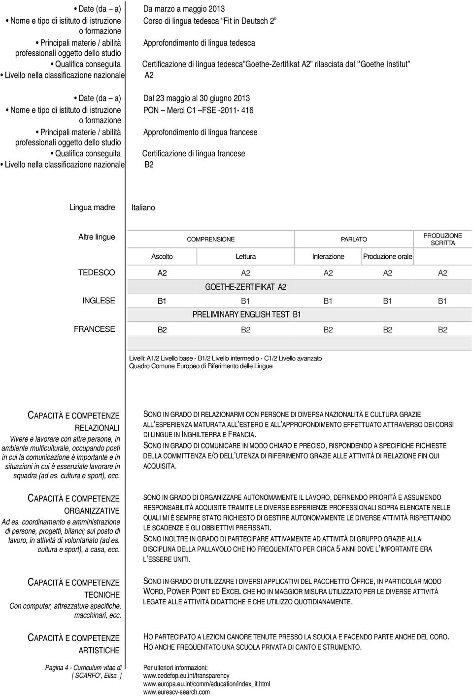 istruzione PON Merci C1 FSE -2011-416 Principali materie / abilità Approfondimento di lingua francese Qualifica conseguita Certificazione di lingua francese Livello nella classificazione nazionale B2