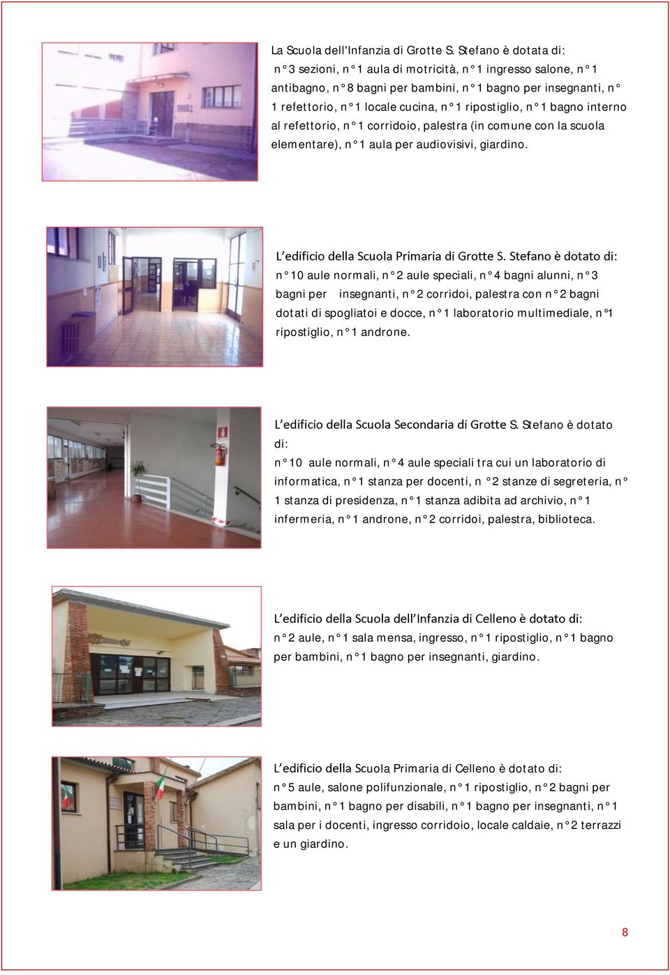 bagno interno al refettorio, n 1 corridoio, palestra (in comune con la scuola elementare), n 1 aula per audiovisivi, giardino.